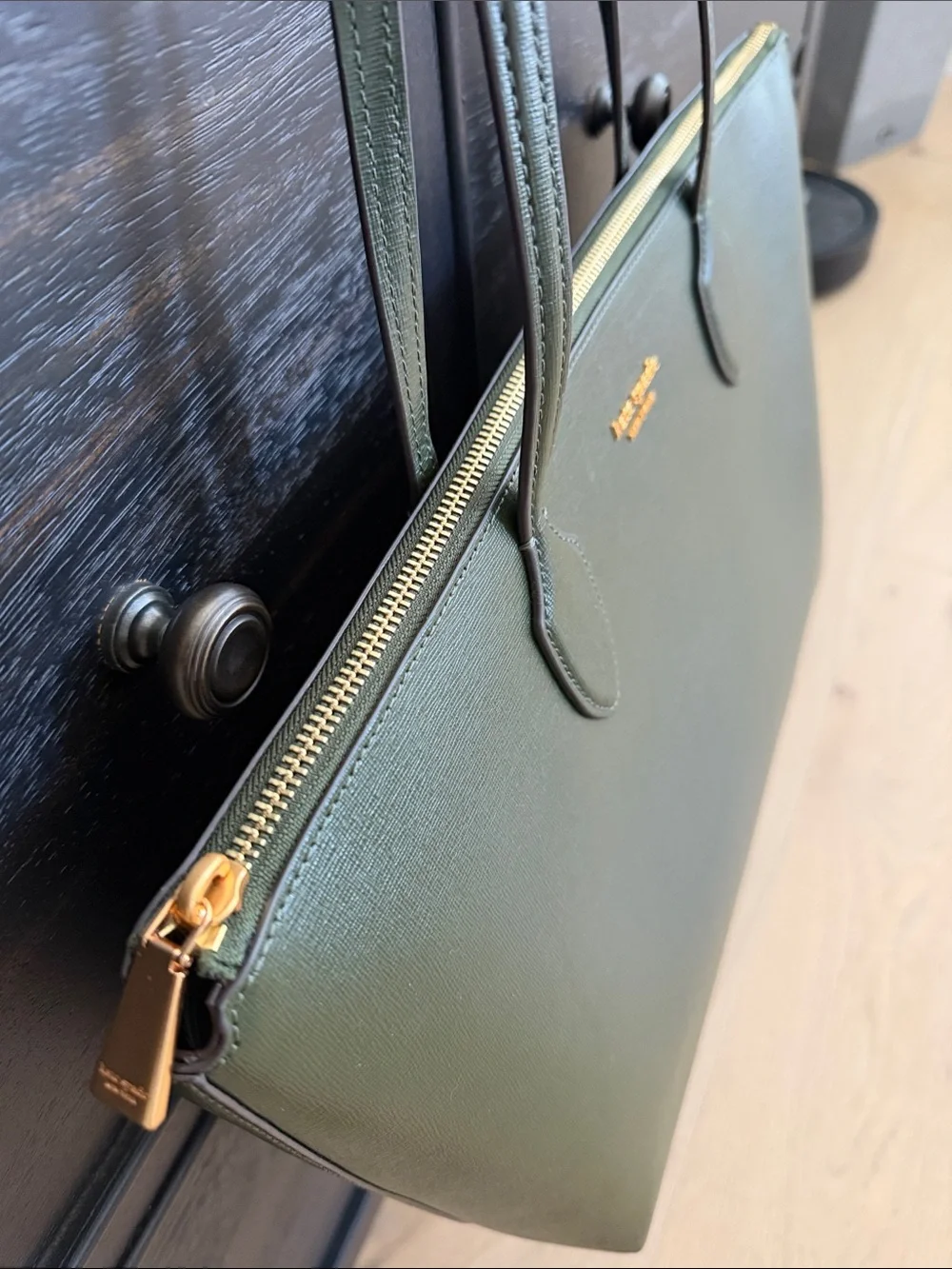 kate spade olive green Saffiano leather tote with gold logo